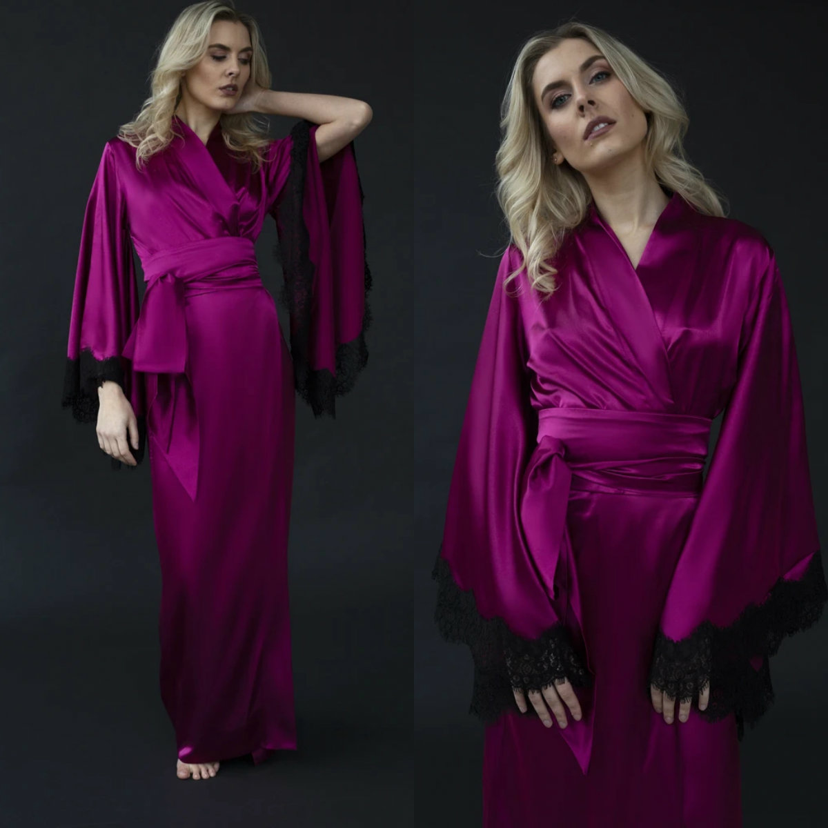 Purple Lingerie Satin and Lace Ladies Bride Robes Kimono Robe Long Sleeves Nightgown Custom Made Sleepwear Nightdress