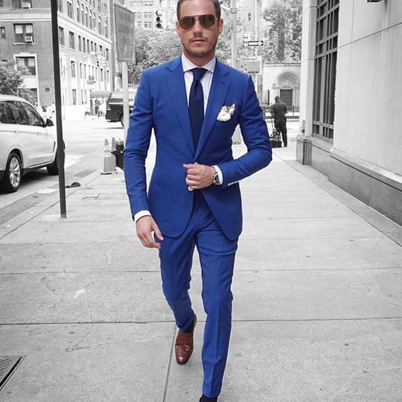 Fashion Royal Blue Mens Wedding Tuxedos Peaked Lapel Groom Wear Formal Dinner Prom Party Blazer Suits(Jacket+Pants)