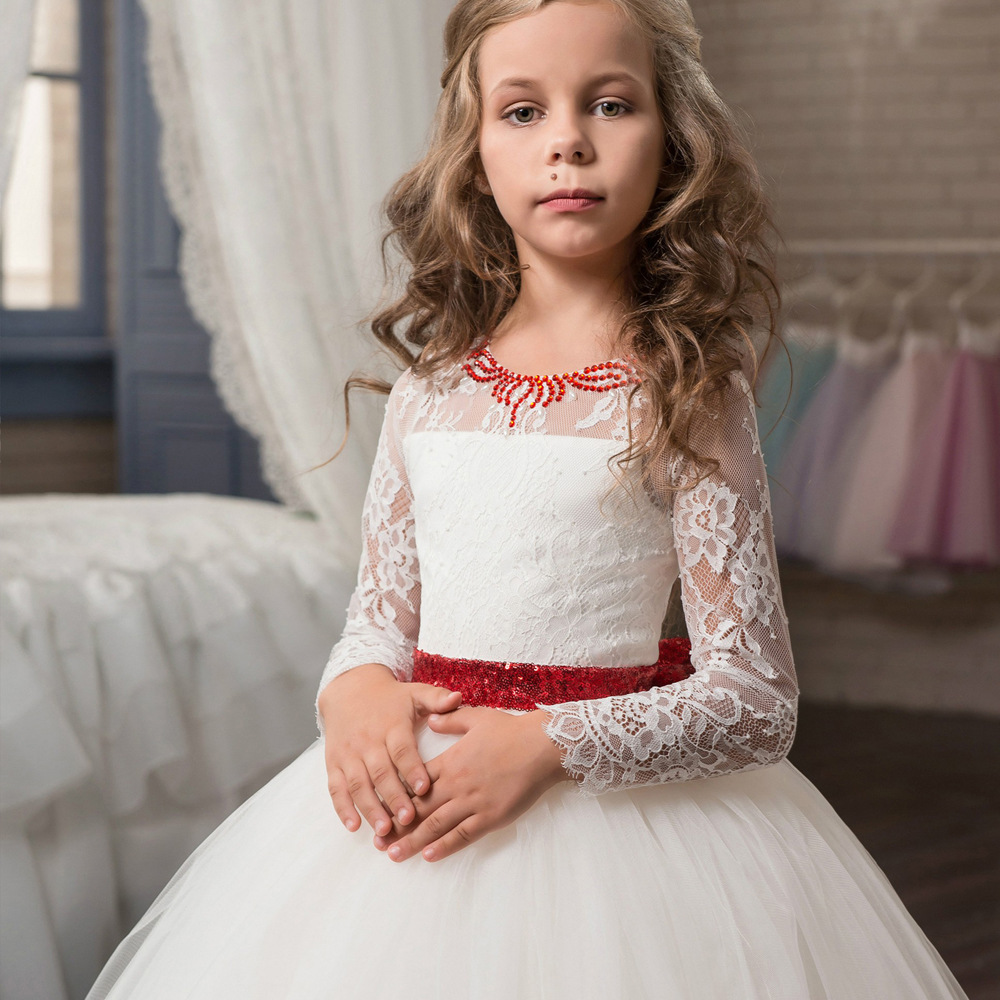 Cute Puffy Tulle Lace Flower Girl Dresses For Weddings Long Sleeves Sequin Bow Sash Ball Gowns Birthday Party Dresses Kids Formal Wear
