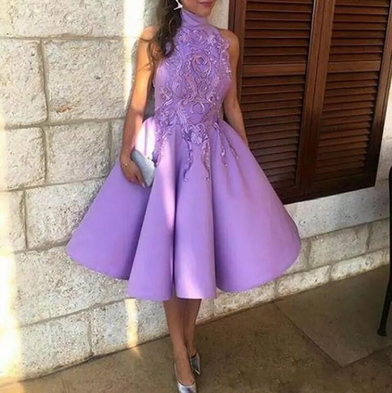 Light Purple High Neck Tea Length A Line Cocktail Dresses Satin Lace Appliqued Short Prom Evening Gowns Homecoming Dresses vestidos cortos