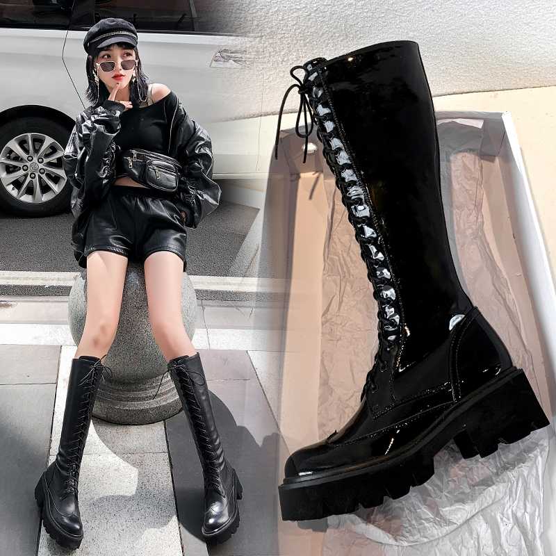 Thick bottom with high boots leather patent leather long tube knees cross straps large size rain boots side zip ladies, Black matte
Thick bottom with high boots leather patent leather long tube knees cross straps large size rain boots side zip ladies, Black matte
