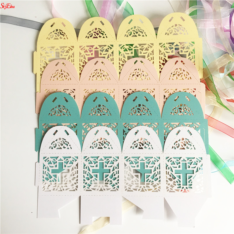 10Pcs/set Cross pattern Candy Boxes Box For Baby Shower Baptism Birthday First Communion Christening Easter Decoration 6Z