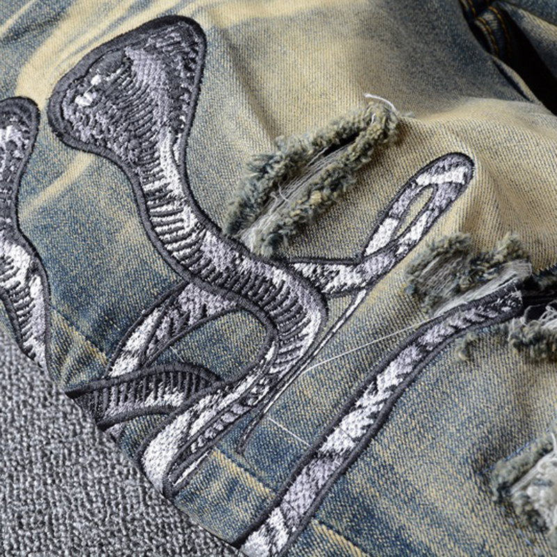 Sokotoo Men's snake embroidered retro denim jeans Slim skinny holes PU leather patchwork stretch pants MX200814