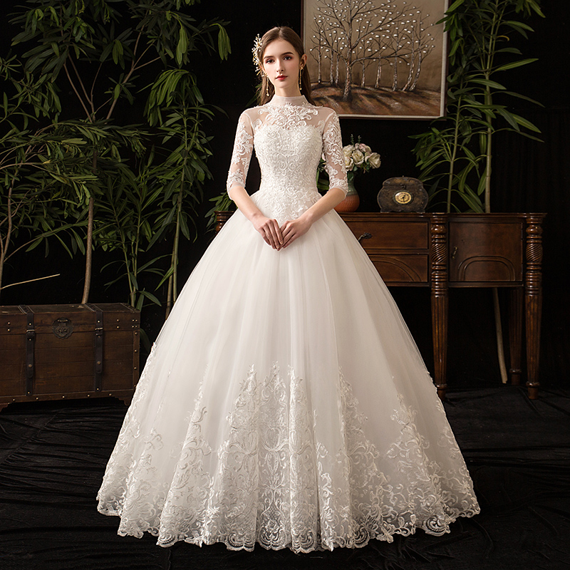Half Sleeve wedding Dress with 100cm Train Vestido De Novia New Winter vintage High Neck Backless Lace Ball Gown Plus Size