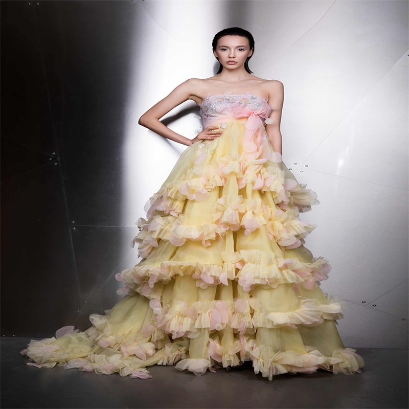 Newest Ziad Nakad Colorful Evening Dresses With Bow Sexy Strapless Sequins Appliqued Formal Party Gowns Custom Made Sweep Train Prom Dress