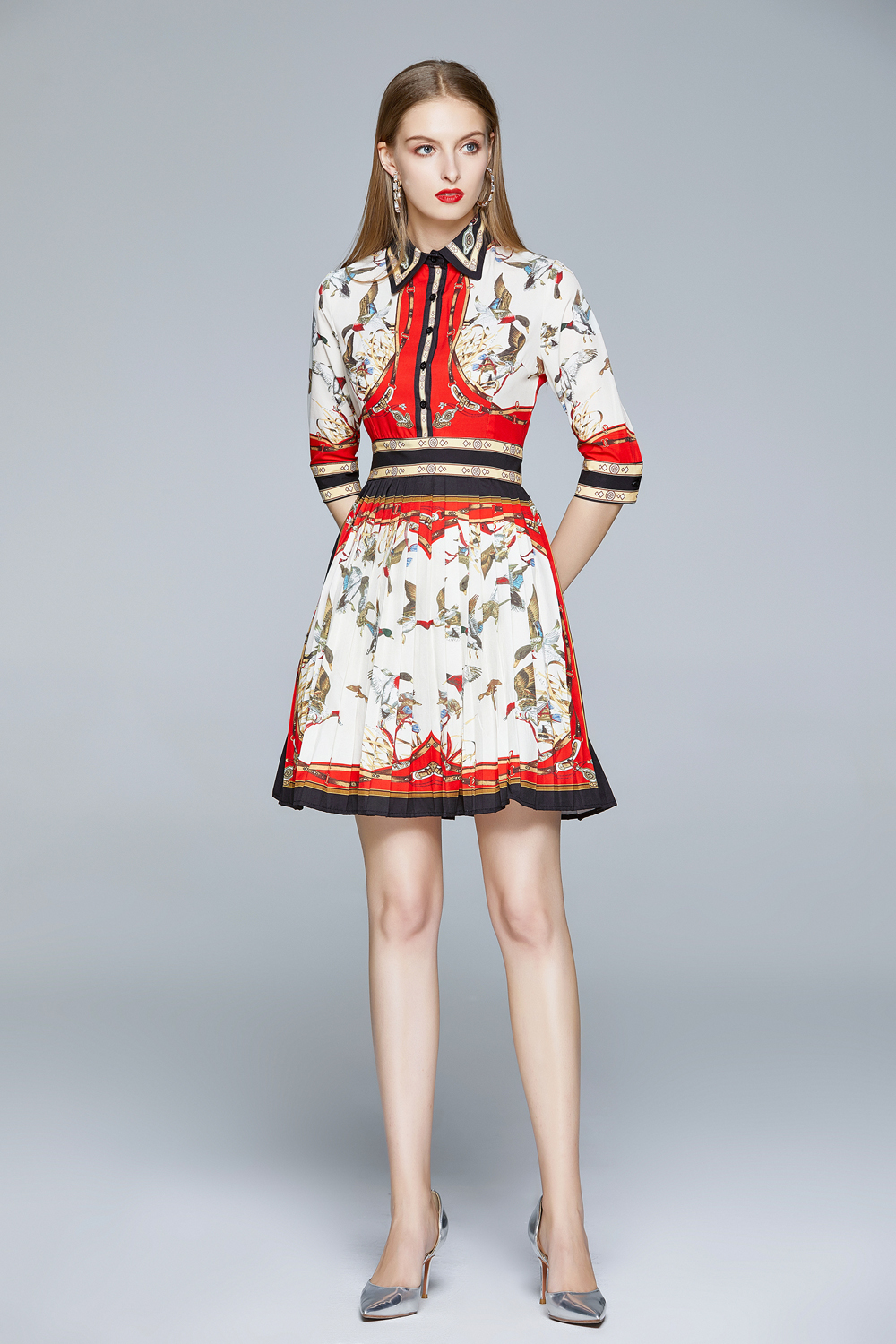 New Arrival Summer Runway Vintage Print Collar 3/4 Sleeve Empire Waist Women Ladies Casual Party OL Beach Office A-Line Midi Pleated Dress, Multi
New Arrival Summer Runway Vintage Print Collar 3/4 Sleeve Empire Waist Women Ladies Casual Party OL Beach Office A-Line Midi Pleated Dress, Multi