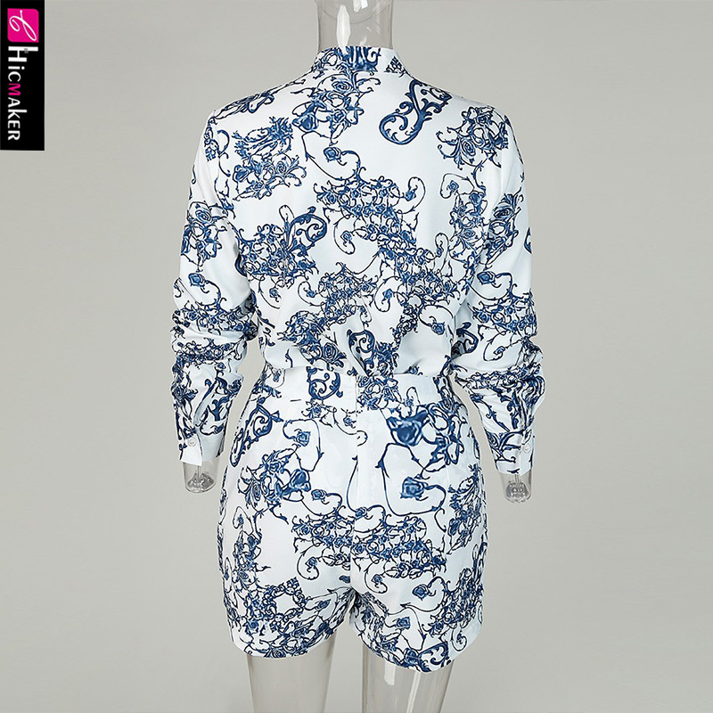 Print V-neck Long Sleeve Casual Top & Short Set Women Two Piece Outfits T200808