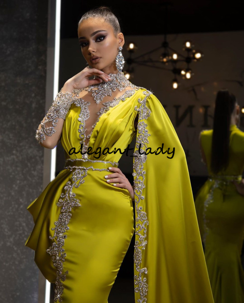 Lemon Luxury Crystal Mermaid Formal Evening Dresses With Cloak One Full Sleeves High Collar Beaded Long Prom Gowns vestidos de noiva