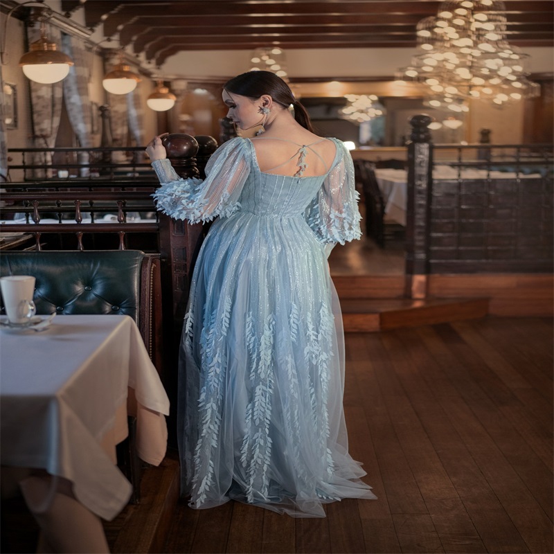 Elegant Papilio Evening Dresses Square Long Sleeves Bling Sequins Appliqued Leaf Formal Party Gowns Light Sky Blue Custom Made Prom Dress