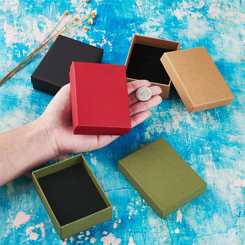 12pcs/lot 9x7x3cm Red Tan Black Olive Cardboard Jewelry Set Display Packaging Gift Box with Sponge inside for Ring Necklace MX200810
