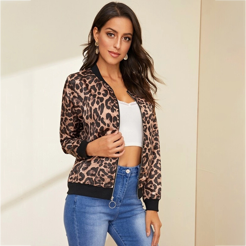 2020 Spring Leopard Print O-Ring Zip Up Bomber Jacket Women Fall Streetwear Ladies Jackets Stand Collar Casual Office Outerwear