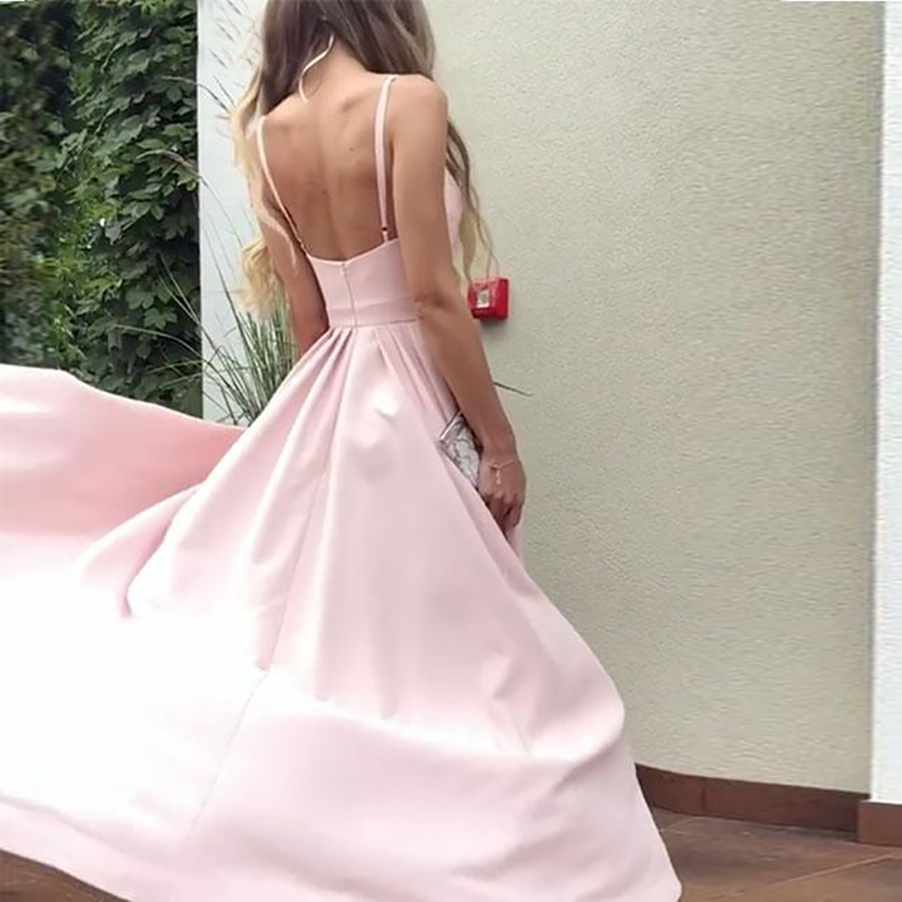 New Beautiful A-Line Spaghetti Straps High Low Dress Party Gown vestidos de graduacion Pink Prom Evening Dress
