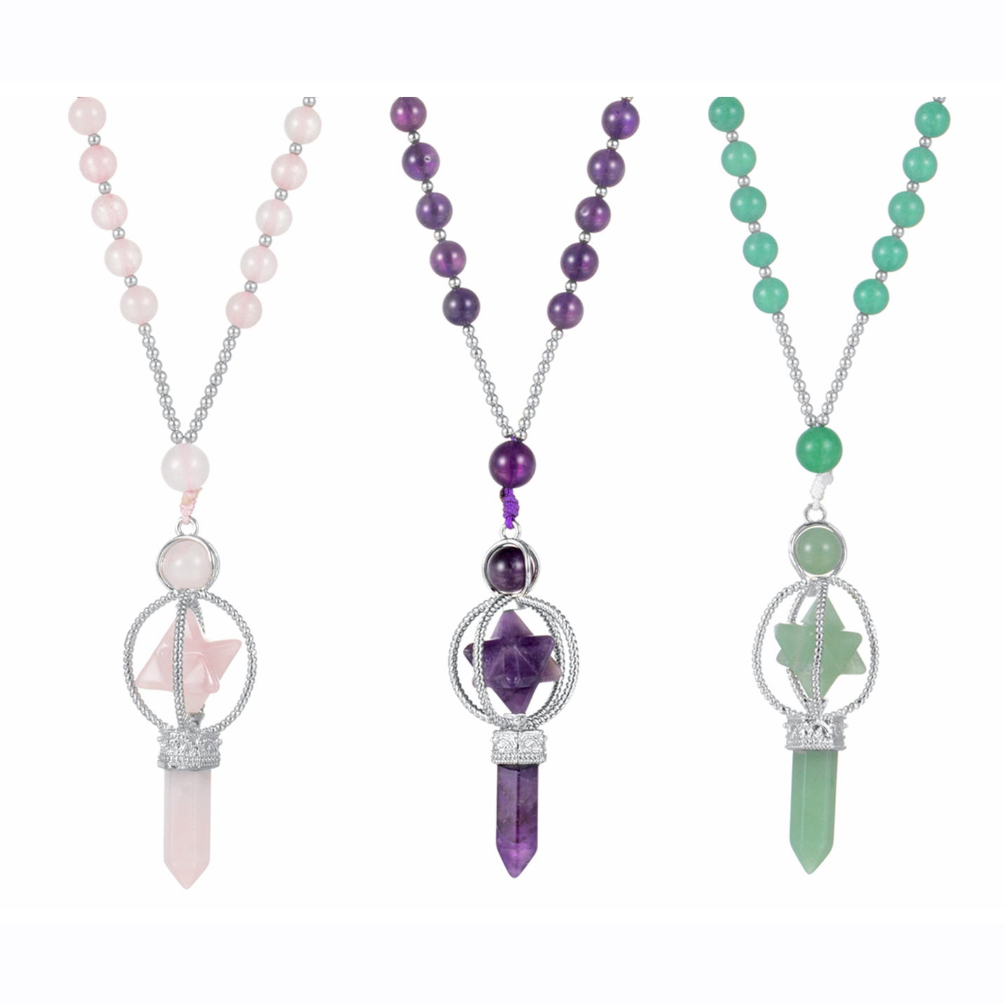 QIMOSHI Natural Crystal Rotate Merkaba Star Stone Chakra Pendant Necklace Hexagonal Pointed Energy Reiki Healing Rose Quartz Amethyst
