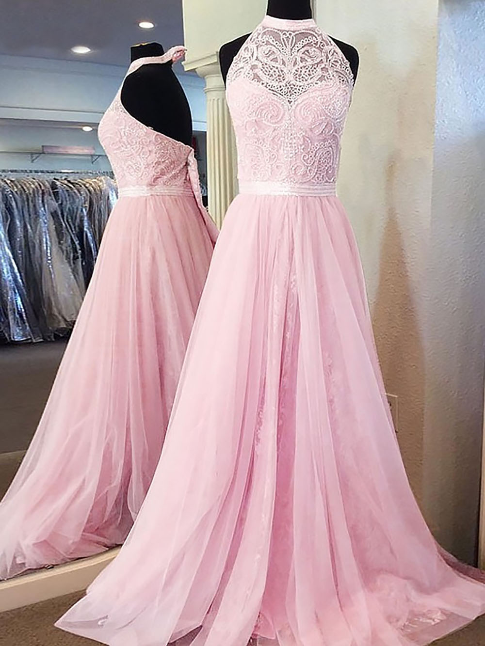 New Pink Lace Evening Gown vestidos de gala A-Line Chiffon Halter Neck Prom Dresses Long Backless Sexy Prom Dress