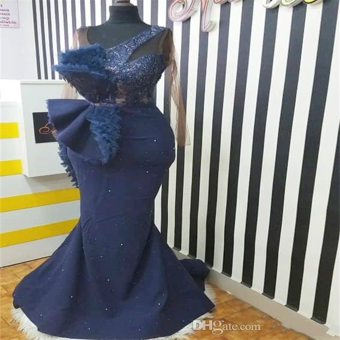 Newest Aso Ebi Evening Dresses Arabic Navy Blue Lace Beaded Mermaid Prom Dresses Sexy Formal Party Second Reception Gowns Dresses