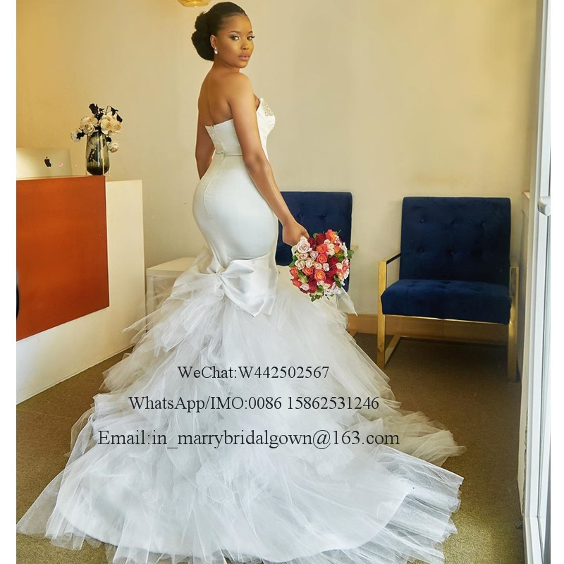 Sexy Plus Size African Mermaid Wedding Dresses 2021 Strapless Crystals Bellanaija Pleated Tulle Skirt Vestido De Novia Bridal Gowns