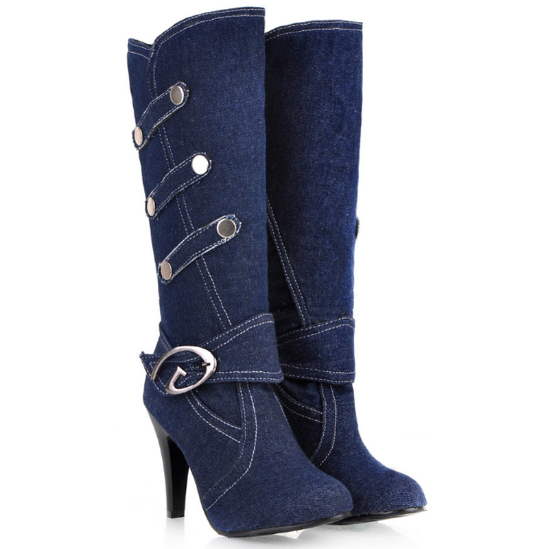 New arrivals women's fashion Denim Buckle Knee-High Round Toe high heels long Button Knight boots women shoes CX200821