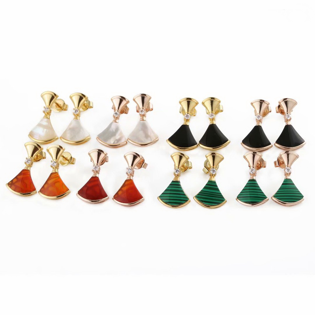 Europe America Style Lady Women Titanium Steel Tassels Engraved B Initials Onyx Mother of Pearl Malachite Carnelian Stud Earrings