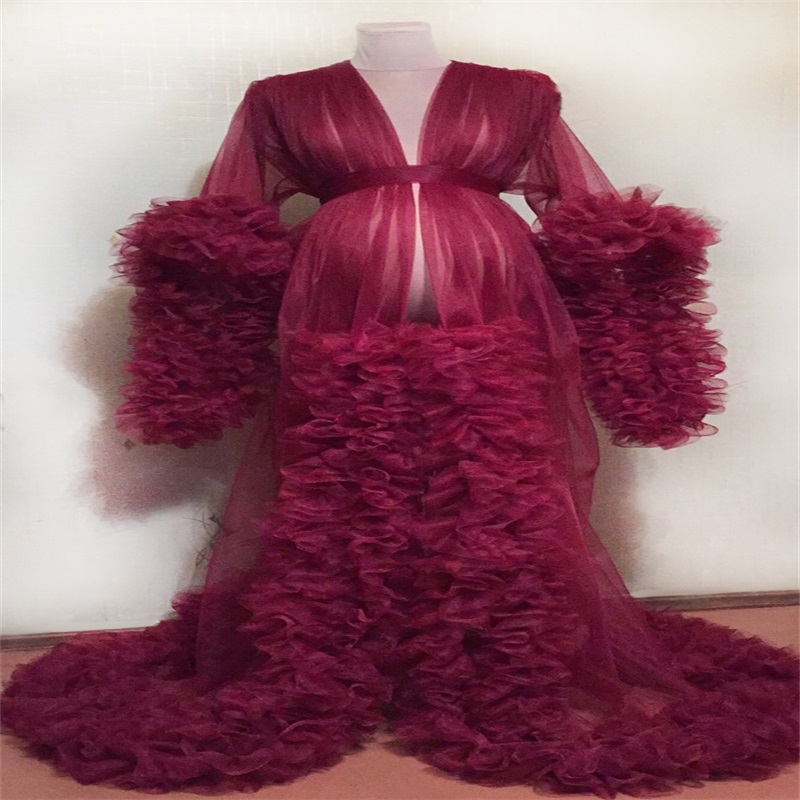 Newest Night Gown High Quality Bride Sleepwear Robes Tiered Tulle Custom Made Long Sleeves Dressing Gown Women Sexy Sleepwear Dresses