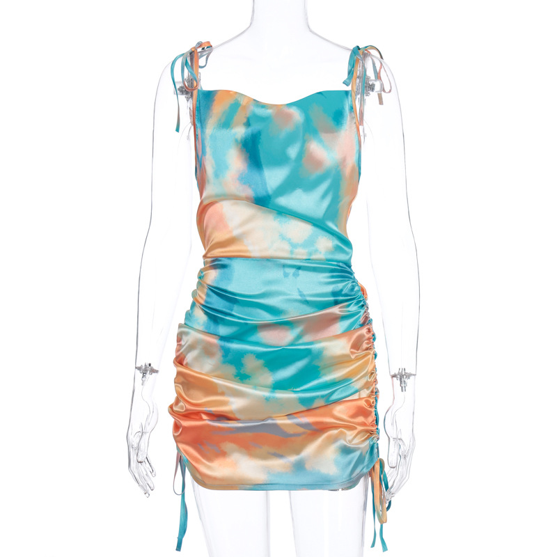 bodycon dresses Print Sexy Women Party Dresses Fashion Sleeveless Strap Drawstring Ruched Clubwear Mini Dress Bodycon Summer