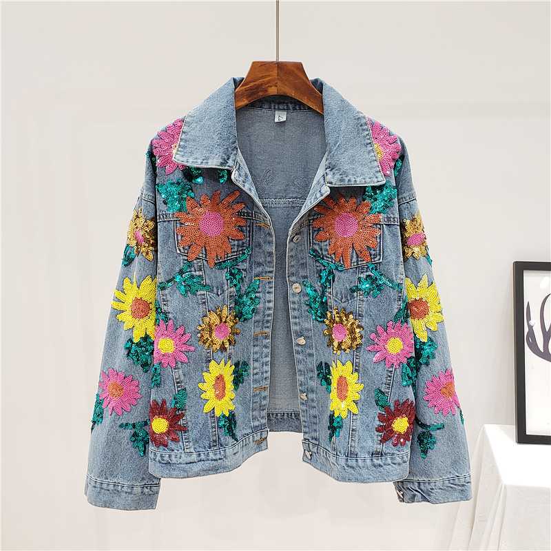 Heavy Work Sequins Sun Flower Jeans Jacket Women Fashion Long sleeve Denim Jacket Outerwear Female Loose Jeans Coat Streetwear, Blue
Heavy Work Sequins Sun Flower Jeans Jacket Women Fashion Long sleeve Denim Jacket Outerwear Female Loose Jeans Coat Streetwear, Blue