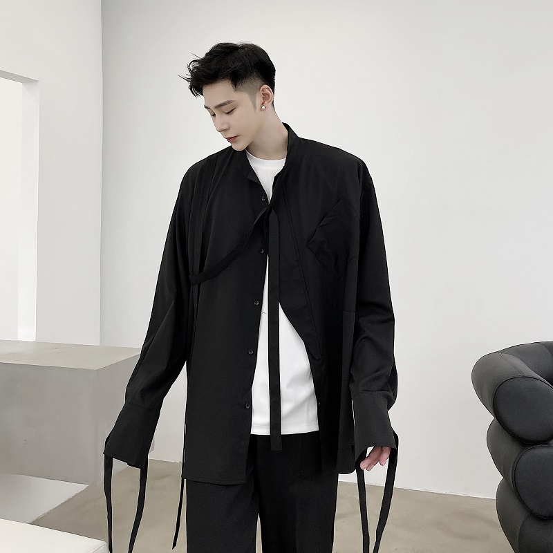 Men Stand Collar Ribbon Long Sleeve Casual Shirt Male Japan Style Streetwear Loose Black Shirt, 1501
Men Stand Collar Ribbon Long Sleeve Casual Shirt Male Japan Style Streetwear Loose Black Shirt, 1501