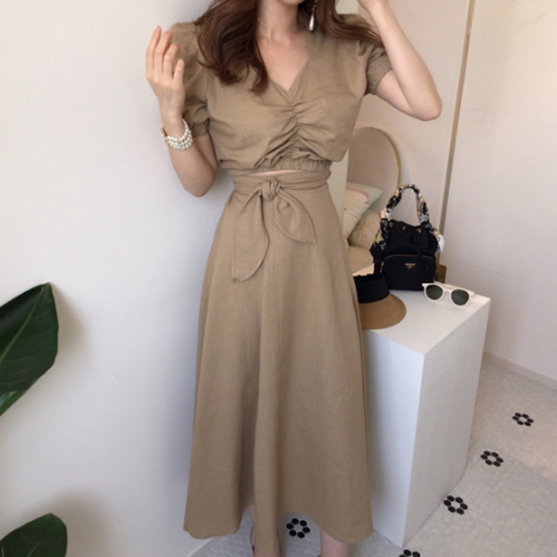 Gaganight Vintage Women Two Pieces Set Ruched Short Blouse Lace Up Long Solid Skirt Fashion Summer Lady Suit Korean 2 Pieces Set