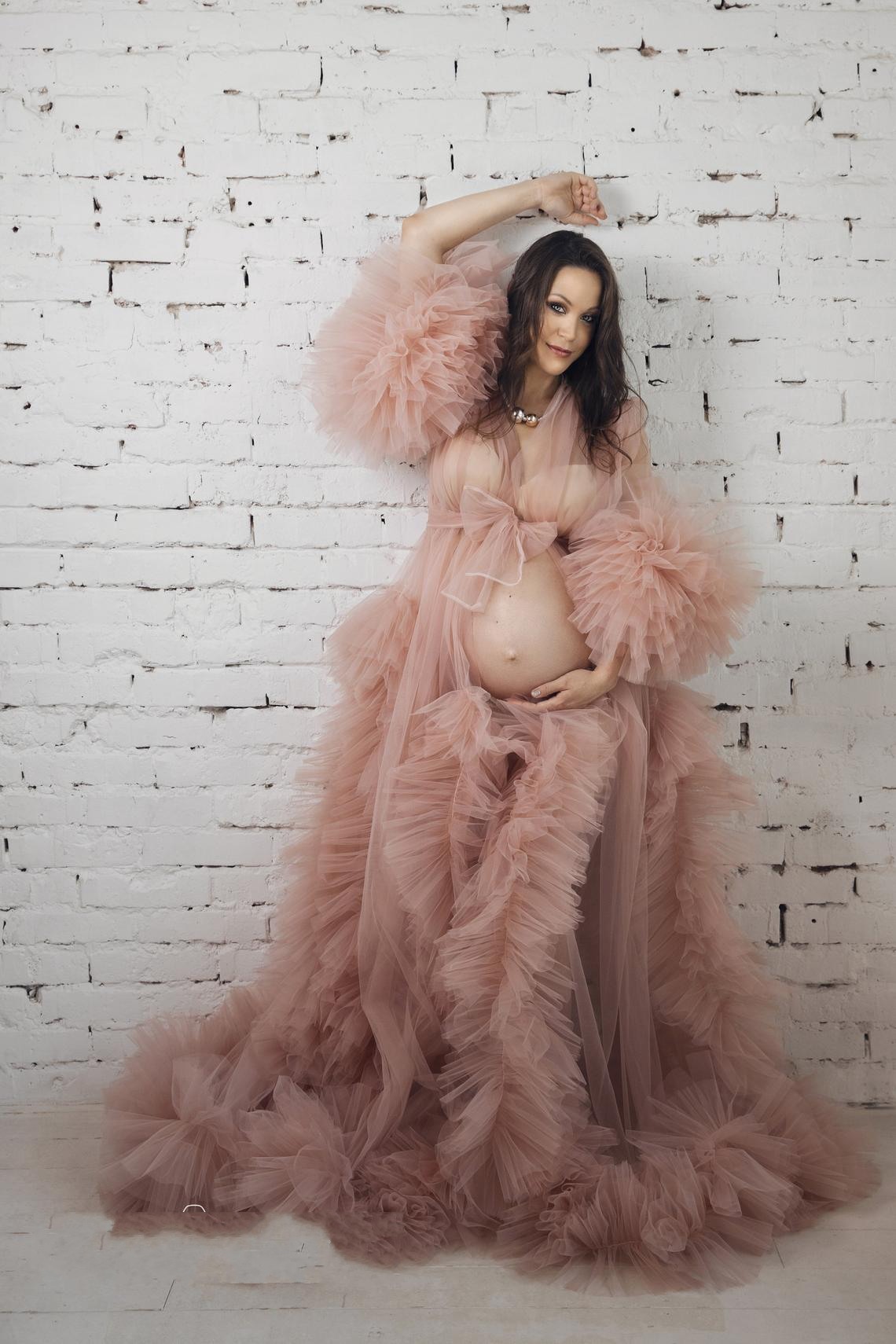 Blush Illusion Ruffles Tulle Long Sleeve Women Winter Sexy Kimono Pregnant Party Sleepwear Women Bathrobe Sheer Nightgown Robe Shawel