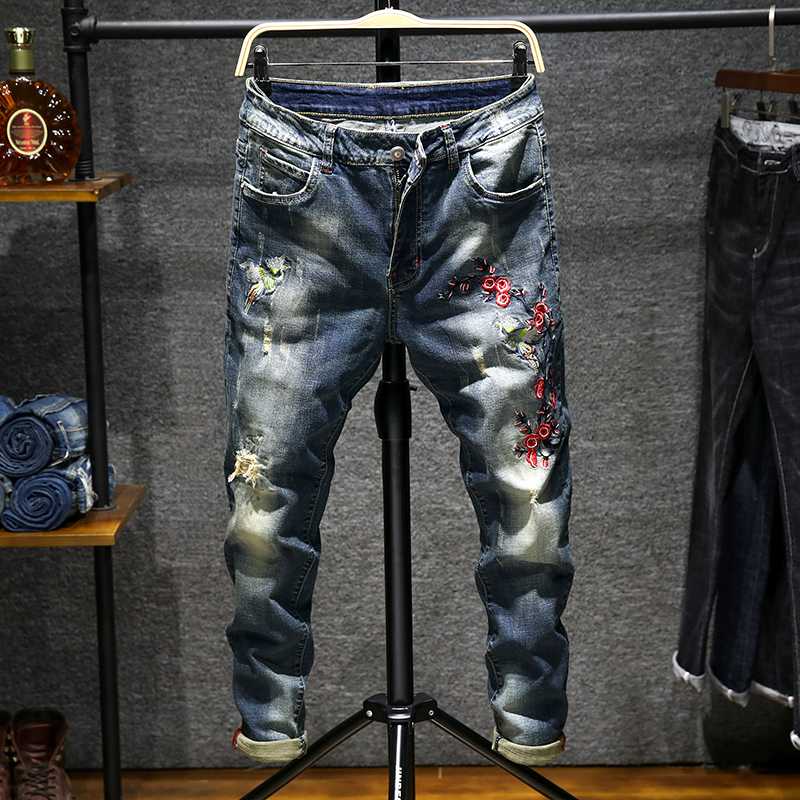 2020 New Spring and Summer Men Jeans Pants Slim Retro Plum Embroidery Holes Denim Trousers quality cotton Elastic skinny jeans, Blue
2020 New Spring and Summer Men Jeans Pants Slim Retro Plum Embroidery Holes Denim Trousers quality cotton Elastic skinny jeans, Blue