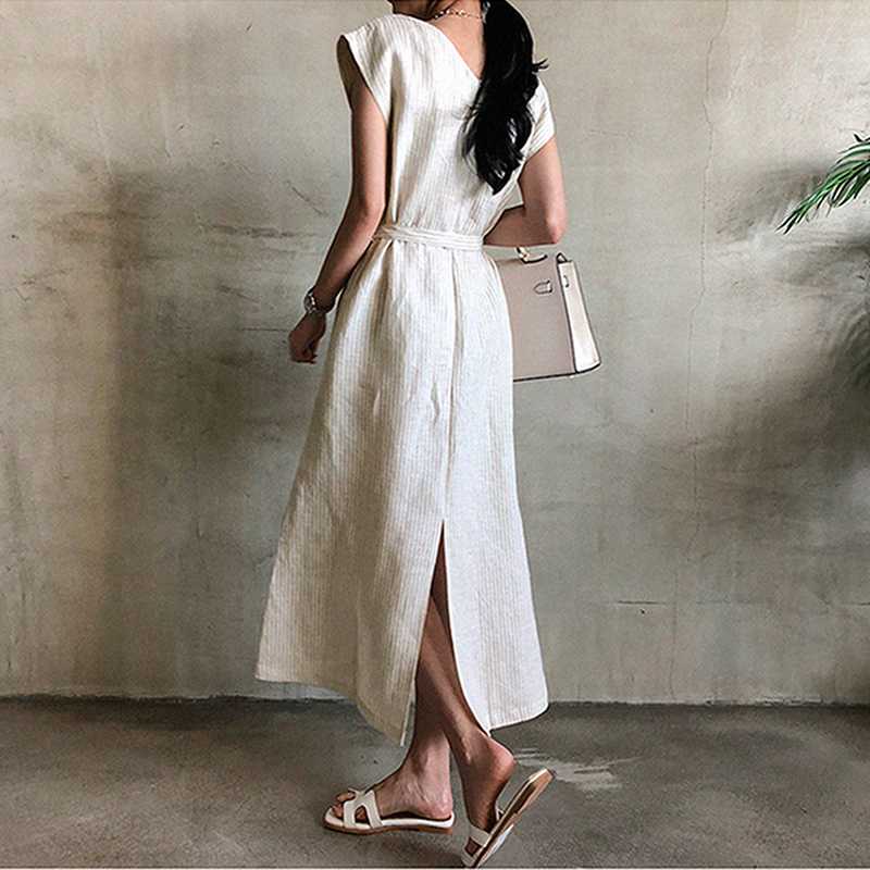 Casual Dresses CHICEVER Striped Dress Women V Neck Tank Sleeveless High Waist Lace Up Tunic Split Maxi Summer Female 2021 Clothes