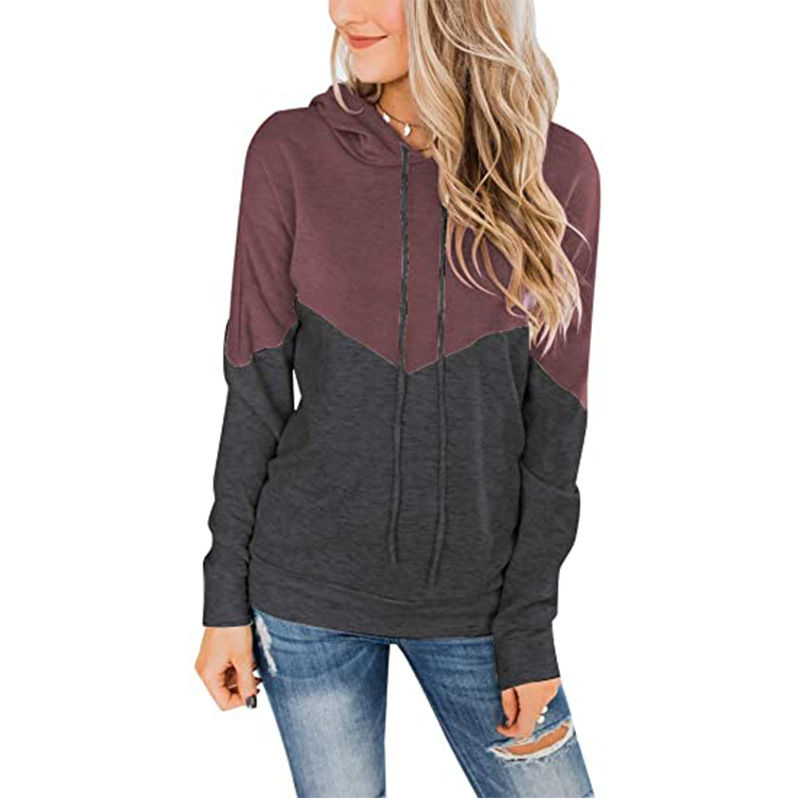 Spot Hoodies European and American tops women's casual style hooded drawstring contrast color long-sleeved sweater