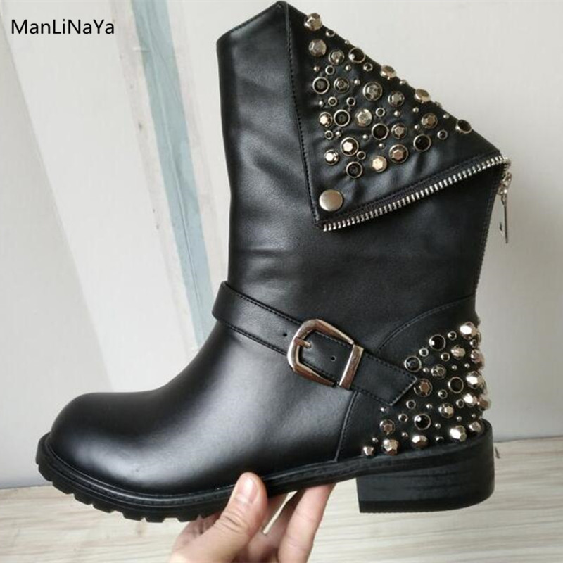 Buckle Belt Rivet Decor Women Punk Boots Genuine Leather Metal Black Rhinestone Women Boot Cool Style Motorcycle Boots, Linning leather
Buckle Belt Rivet Decor Women Punk Boots Genuine Leather Metal Black Rhinestone Women Boot Cool Style Motorcycle Boots, Linning leather