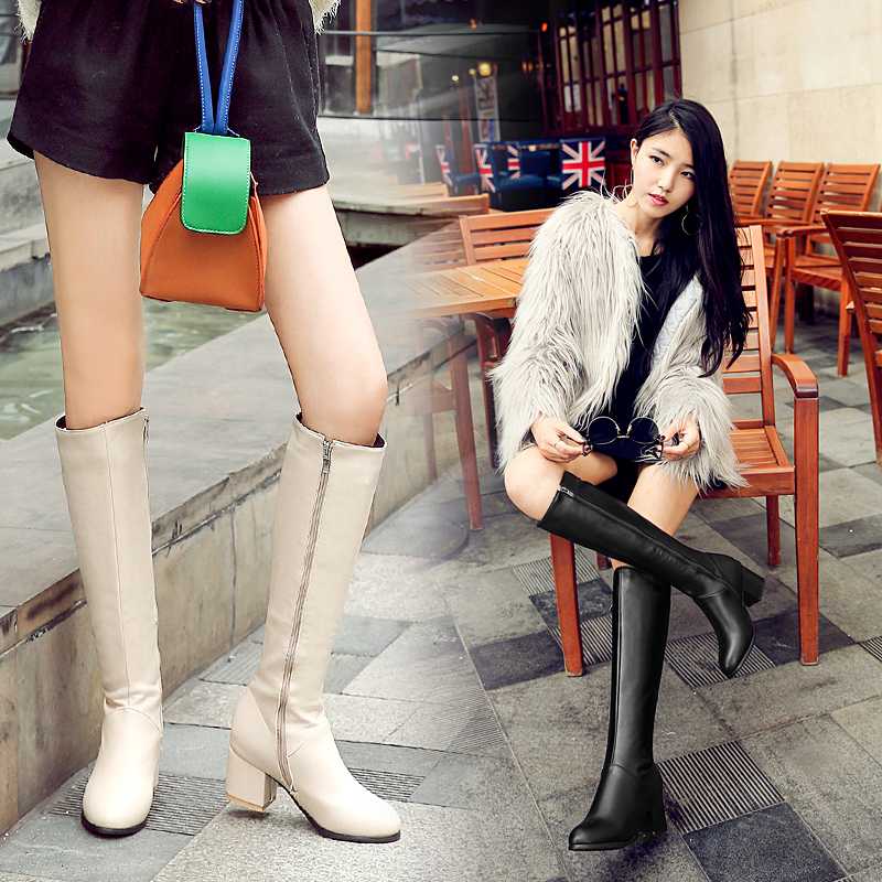 2020 Fashion Knee High Boots Women Pu Leather Thick High Heels Long Boots Autumn Winter Zip Female Shoes Size 32-43 botas mujer, Beige short plush 
2020 Fashion Knee High Boots Women Pu Leather Thick High Heels Long Boots Autumn Winter Zip Female Shoes Size 32-43 botas mujer, Beige short plush