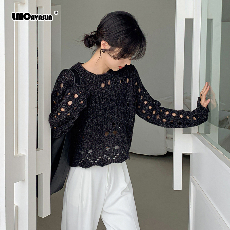 LMCAVASUN New autumn Simple pullover Round neck Loose Long sleeve Women's ripped sweater Gray green black M370