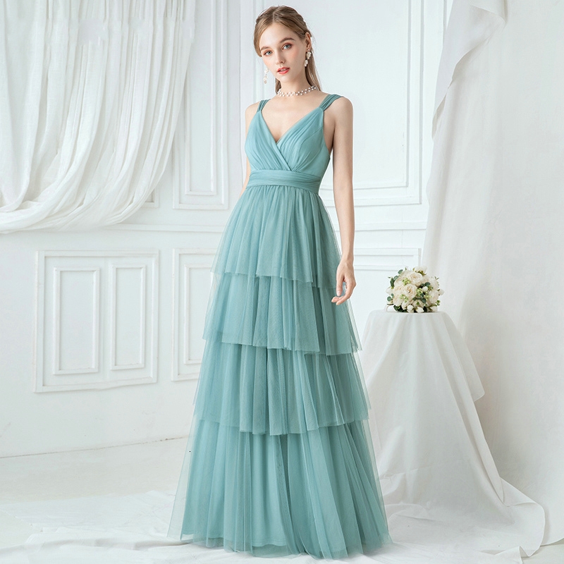 Elegant Turquoise Bridesmaid Dresses Layers A-Line Evening Dress V-Neck Ruched Spaghetti Straps Tulle Wedding Party Gowns