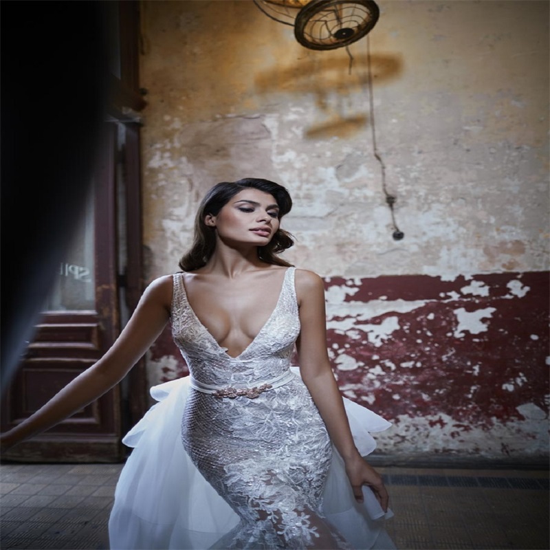 Sexy Mermaid Wedding Dresses With Detachable Train High V-neck Sleeveless Full Appliqued Lace Bridal Gowns Custom Made RobesDe Mariée