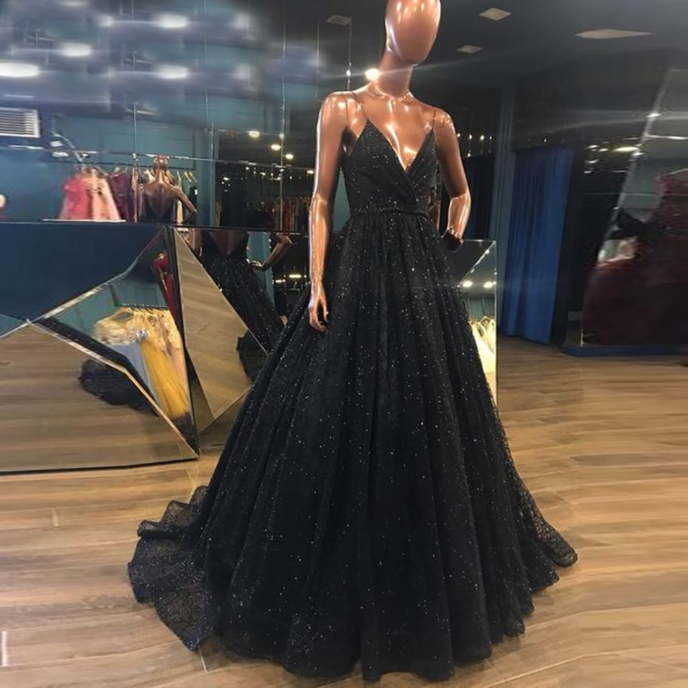 V-Neckline Backless Prom Long Elegant Evening Dresses with Split A-Line Spaghetti Straps Sweep Train Black Sequined Prom Dress