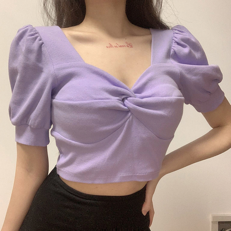 Summer Fashion Women T-Shirts Casual Puff Sleeve Solid Color Top Pleated Retro Knotted Short Sleeve Pullover Streetwear, Purple
Summer Fashion Women T-Shirts Casual Puff Sleeve Solid Color Top Pleated Retro Knotted Short Sleeve Pullover Streetwear, Purple