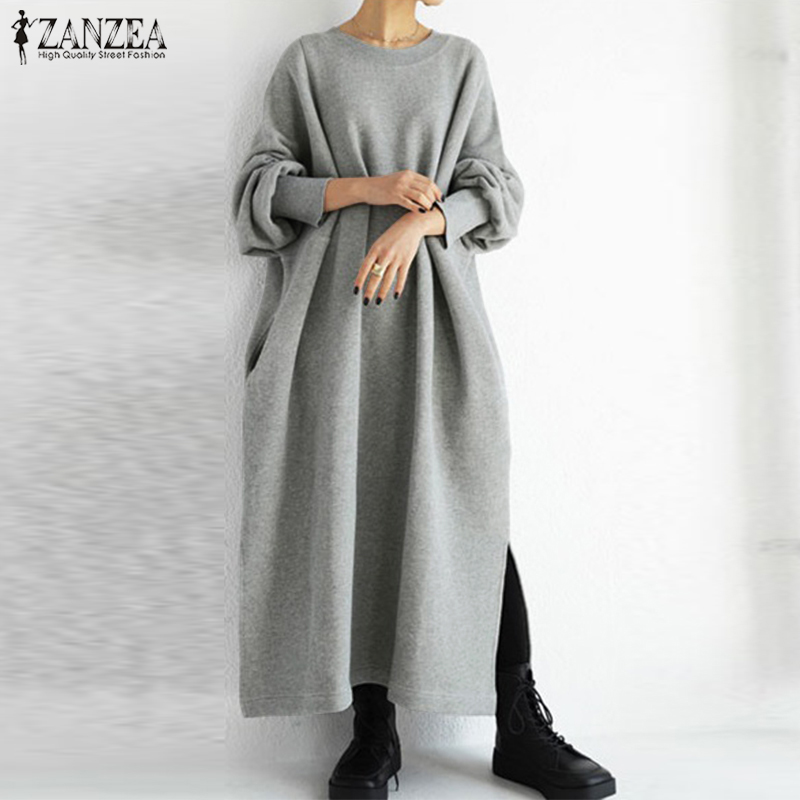 Casual Loose Sweatshirt Dress ZANZEA Autumn Winter Sundress Long Sleeve Split Hem Long Vestidos Solid Baggy Fleece Pullover 5XL, Black