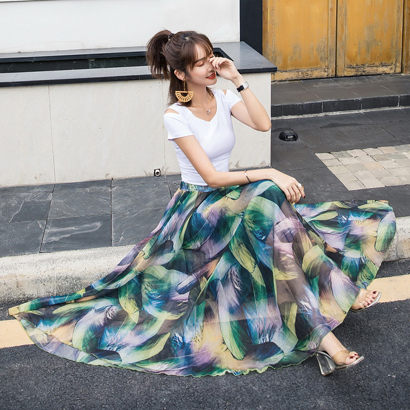 Skirts 2021 Summer Woman Chiffon Long Skirt Korean Style Elastic High Waist Floral Print Maxi Bohemian Beach Boho