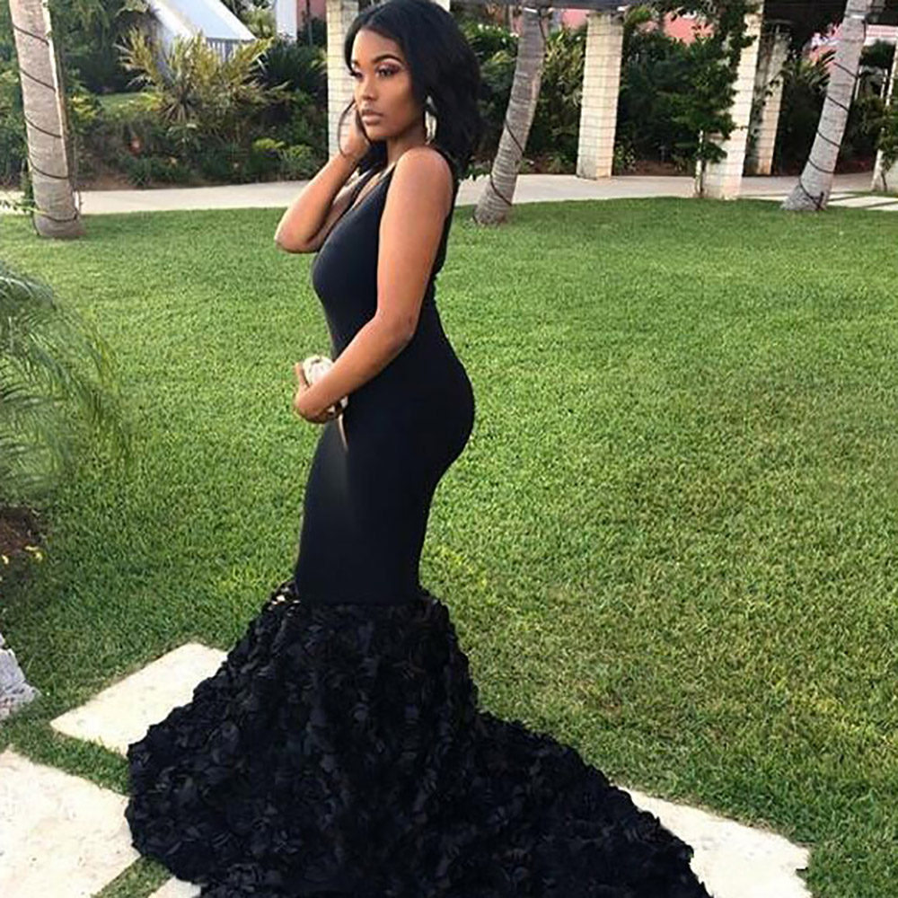New Black Sexy Prom Dresses Mermaid Lace Appliques Satin African Long Illusion Style Prom Gown Evening Dresses Robe De Soiree