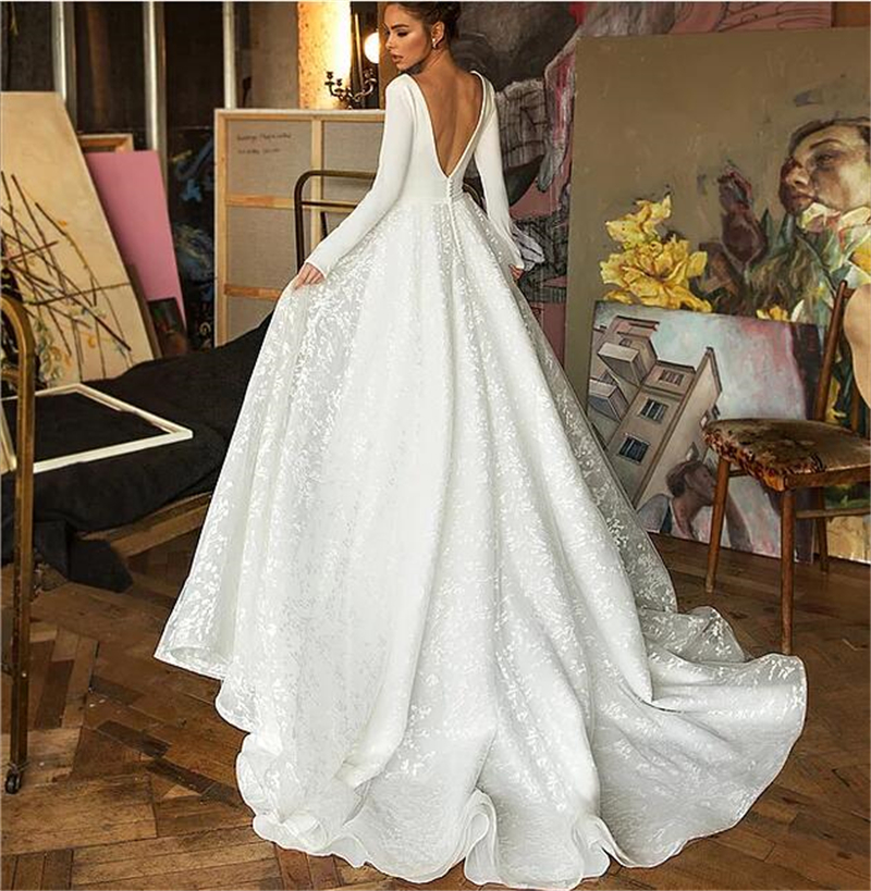 Lace Wedding Dresses 2020 Long Sleeve V-neck Boho Bridal Gowns Satin Backless White Vestido de noiva Plus size custom-made