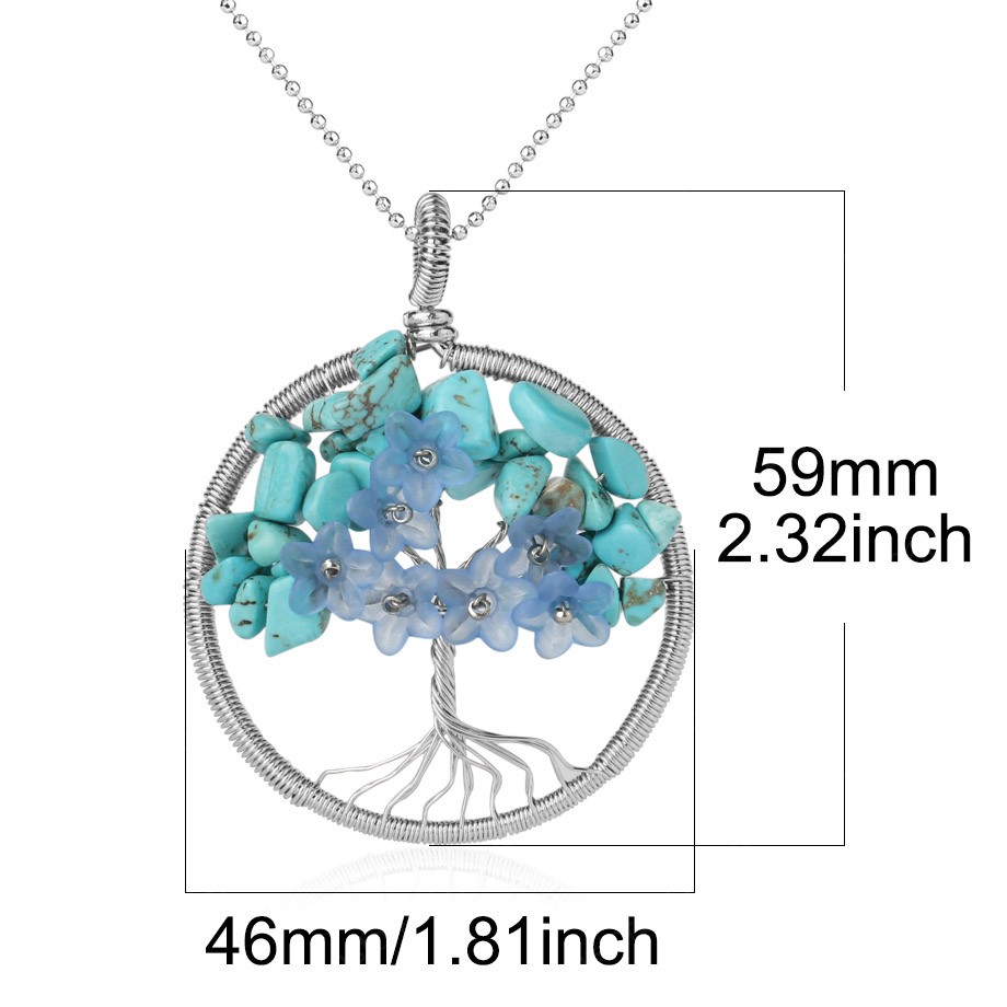 Tree of Life Pendant Necklace Natural Stone Silver Color Wire Wrap Quartz Crystal Chip Bead Flower Reiki Jewelry Women