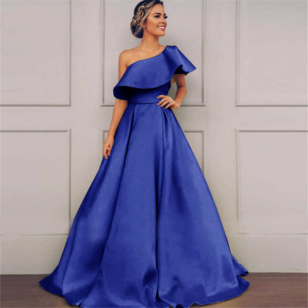 Elegant Yellow Evening Dress One Shoulder Ruched Satin Evening Gown Belt Prom Dress Shoulder Zipper Formal Gown Party Long