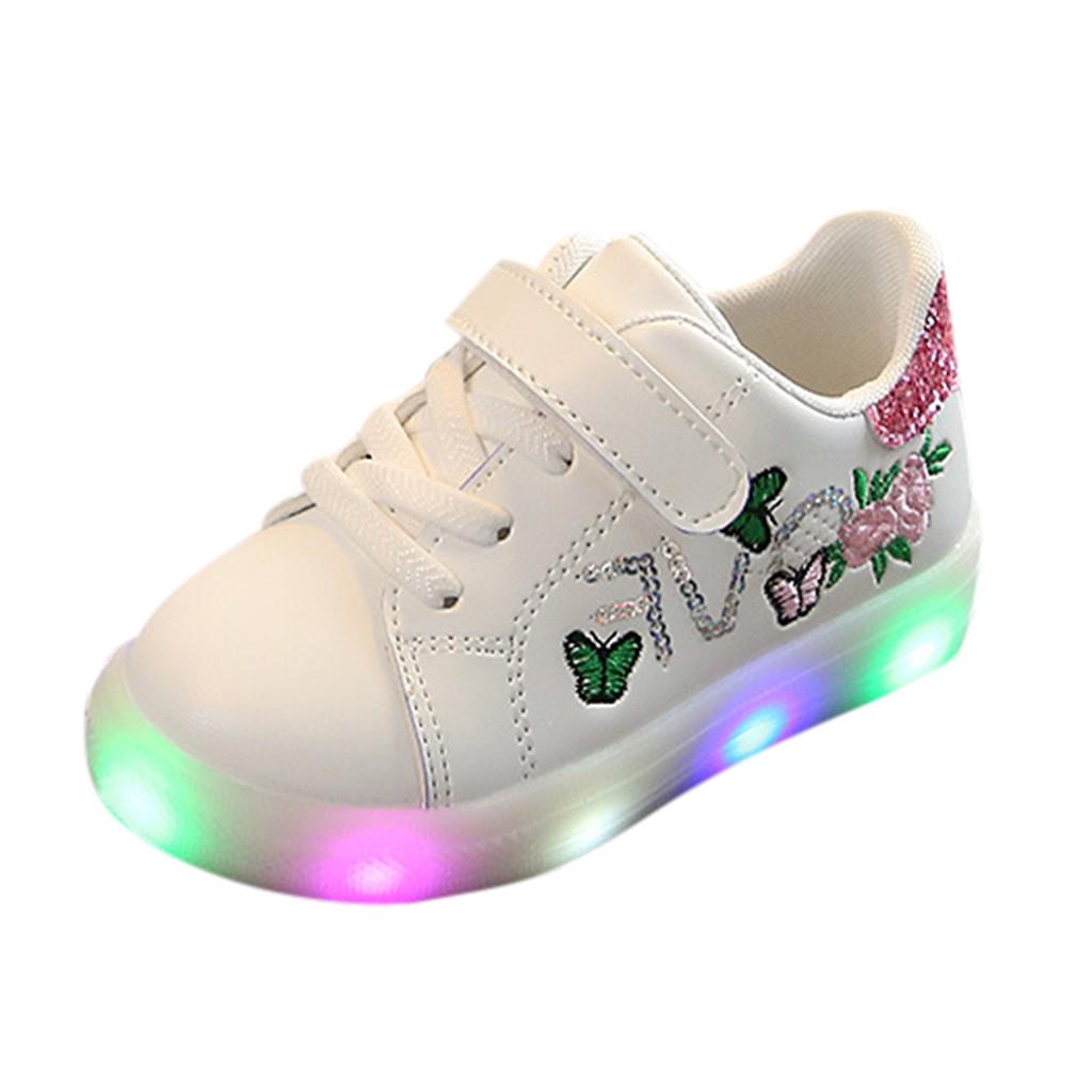 Children Baby Girls Boys Flower Butterfly Led Light Luminous Sport Shoes