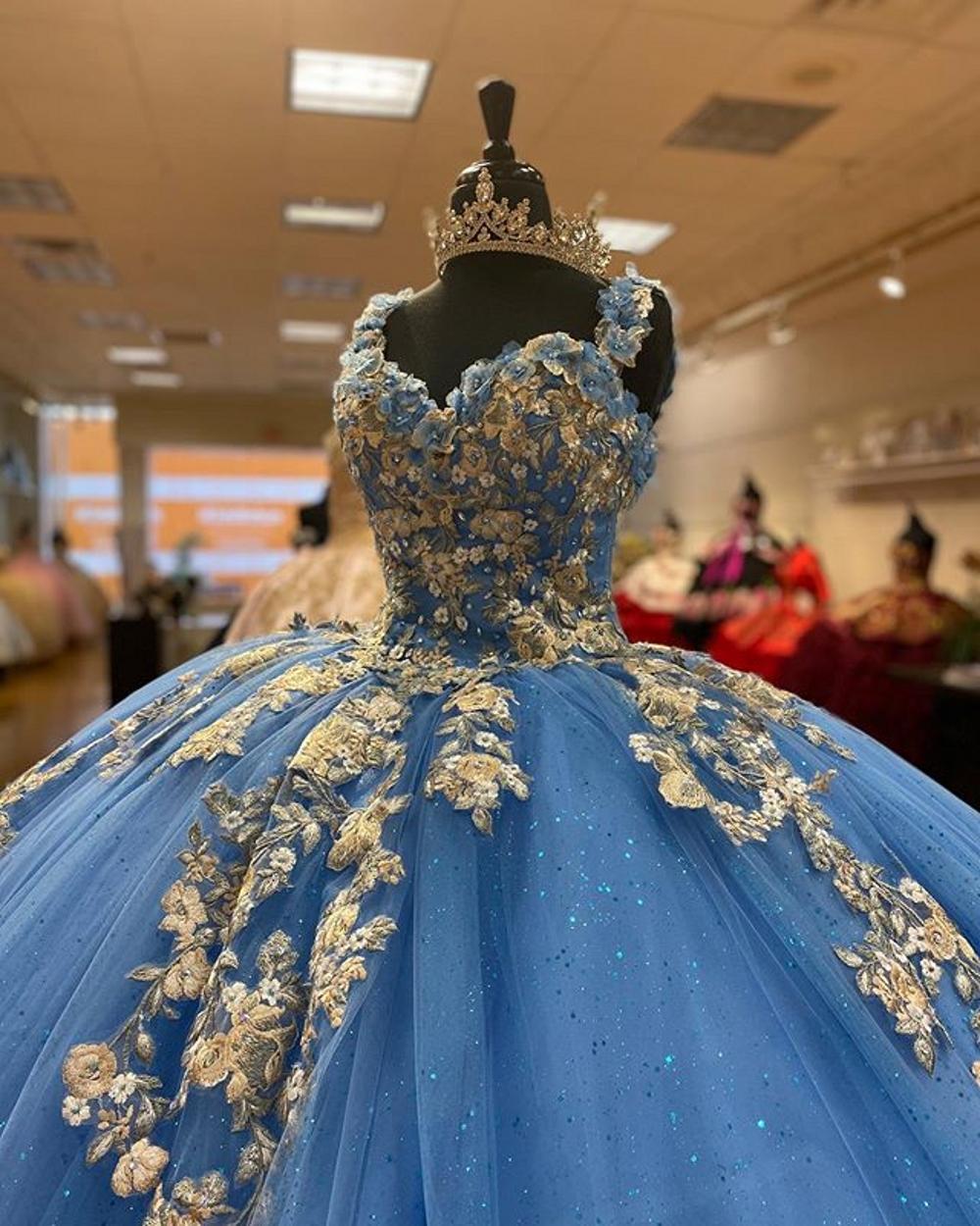 2020 Sky Blue Quinceanera Dresses 3D Floral Applique Embroidery Straps Sequins Flowers Custom Made Sweet 16 Prom Ball Gown Formal Wear