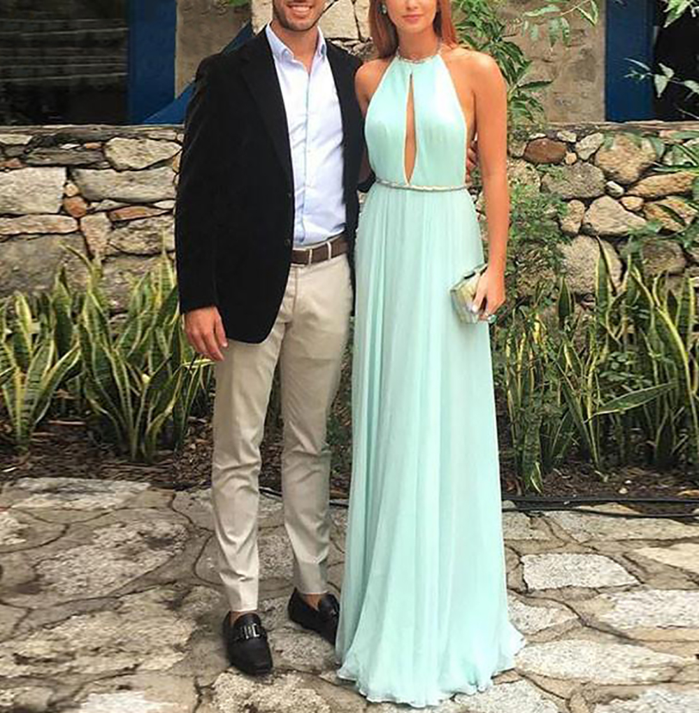 New Simple Design Halter Neck Key Hole Mint Party Prom Gown A-Line Chiffon Backless Prom Long Elegant Evening Dresses