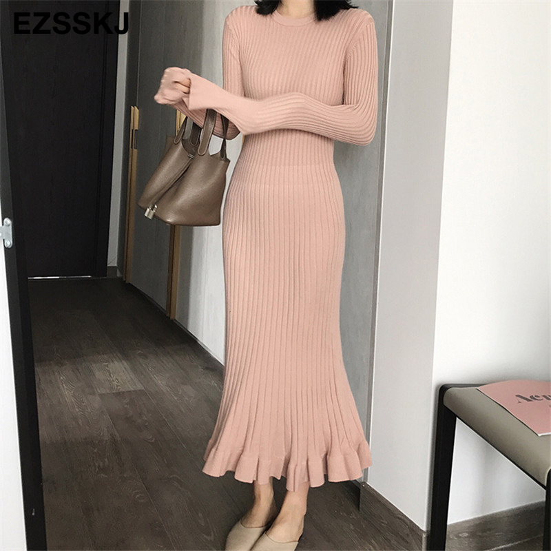 autumn winter thick mermaid maxi sweater dress women o-neck long sweater dress elegant female a-line slim sexy knit dress