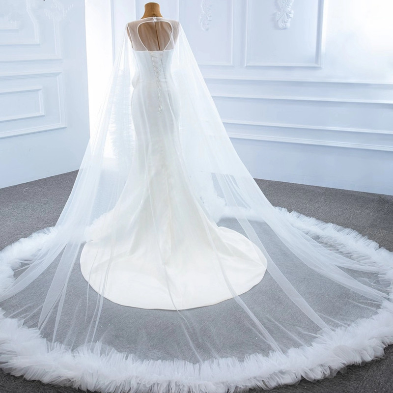 Elegant Satin Mermaid Wedding Dresses with Cape Sheer Jewel Neck Sleeveless Bridal Wedding Gowns robes de mariée