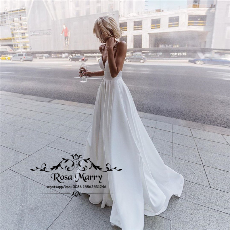 New Plus Size Cheap Beach Wedding Dresses 2021 Vestido De Novia Modest Long Satin Greek Style Boho White Bridal Gowns